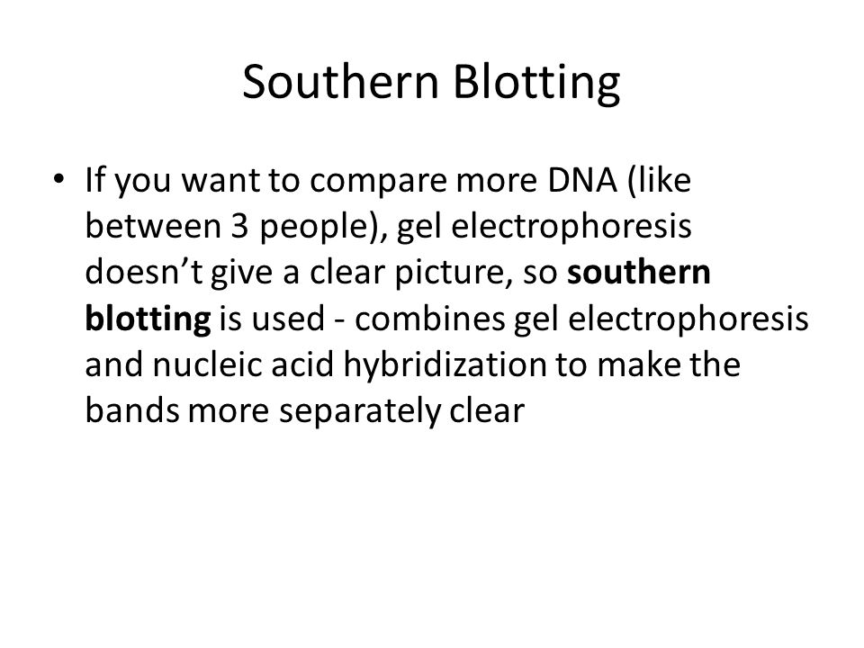Southern Blotting If you want to compare more DNA (like between 3 people), gel electrophoresis doesn’t give a clear picture, so southern blotting is used - combines gel electrophoresis and nucleic acid hybridization to make the bands more separately clear