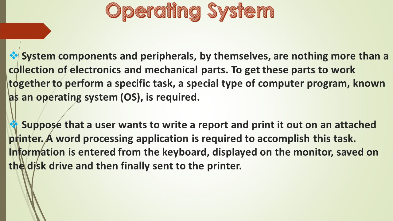  System components and peripherals, by themselves, are nothing more than a collection of electronics and mechanical parts.