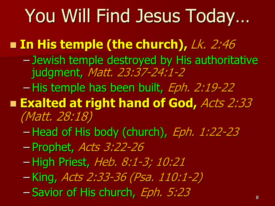 8 You Will Find Jesus Today… In His temple (the church), Lk.