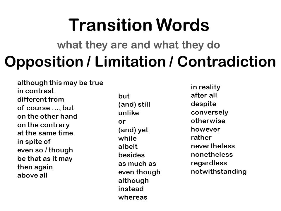 Opposition / Limitation / Contradiction Transition Words what they are and what they do although this may be true in contrast different from of course..., but on the other hand on the contrary at the same time in spite of even so / though be that as it may then again above all but (and) still unlike or (and) yet while albeit besides as much as even though although instead whereas in reality after all despite conversely otherwise however rather nevertheless nonetheless regardless notwithstanding