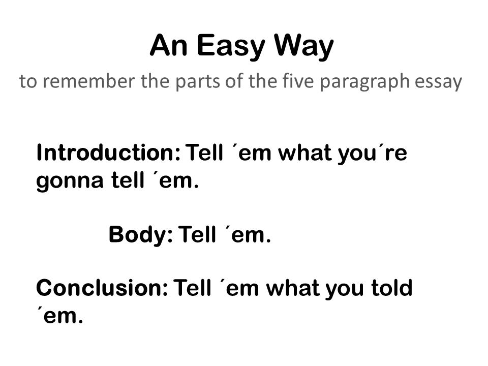 An Easy Way to remember the parts of the five paragraph essay Introduction: Tell ´em what you´re gonna tell ´em.