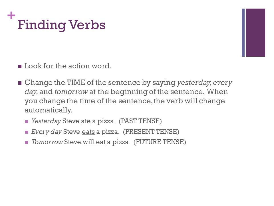 + Finding Verbs Look for the action word.