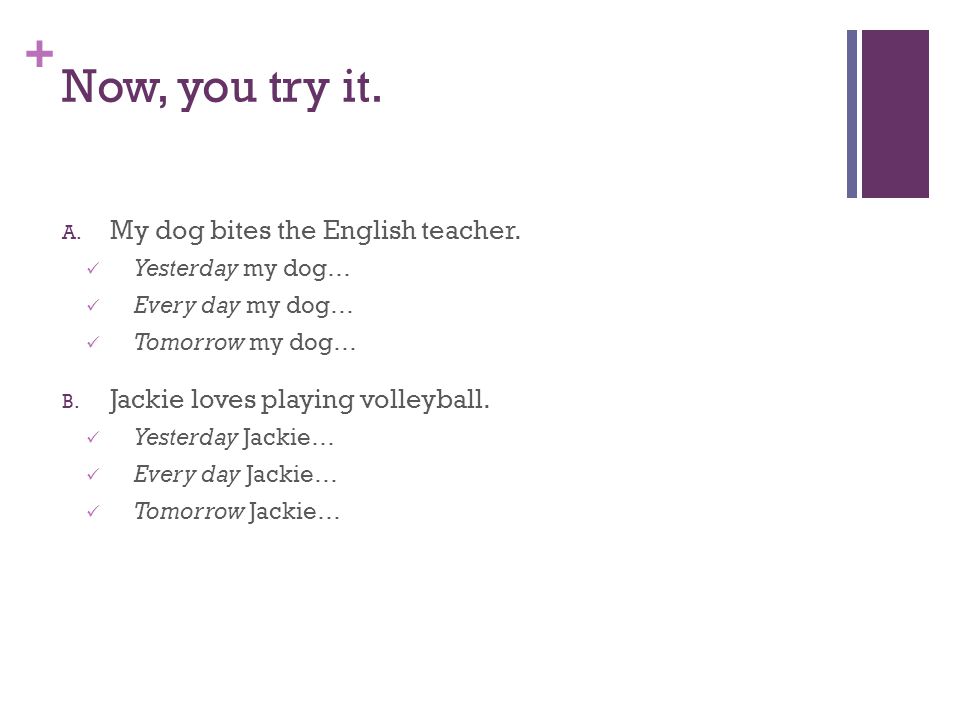 + Now, you try it. A. My dog bites the English teacher.