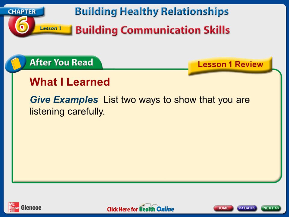 What I Learned Give Examples List two ways to show that you are listening carefully.