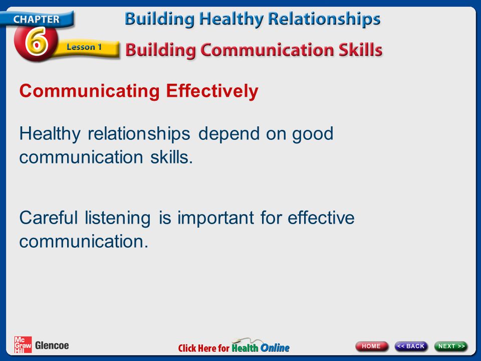 Communicating Effectively Healthy relationships depend on good communication skills.