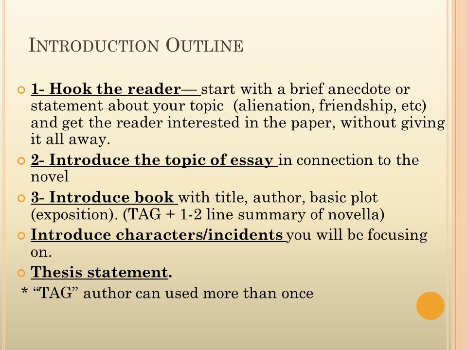 I NTRODUCTION O UTLINE 1- Hook the reader — start with a brief anecdote or statement about your topic (alienation, friendship, etc) and get the reader interested in the paper, without giving it all away.