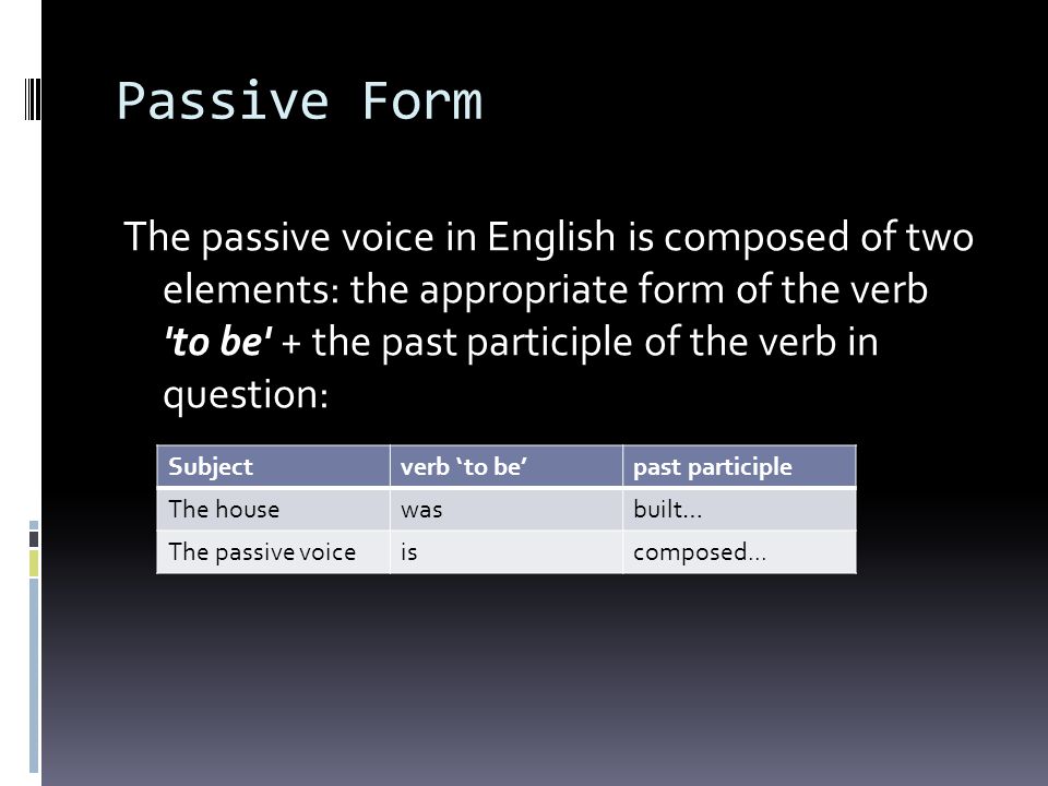 Passive Form The passive voice in English is composed of two elements: the appropriate form of the verb to be + the past participle of the verb in question: Subjectverb ‘to be’past participle The housewasbuilt… The passive voiceiscomposed...