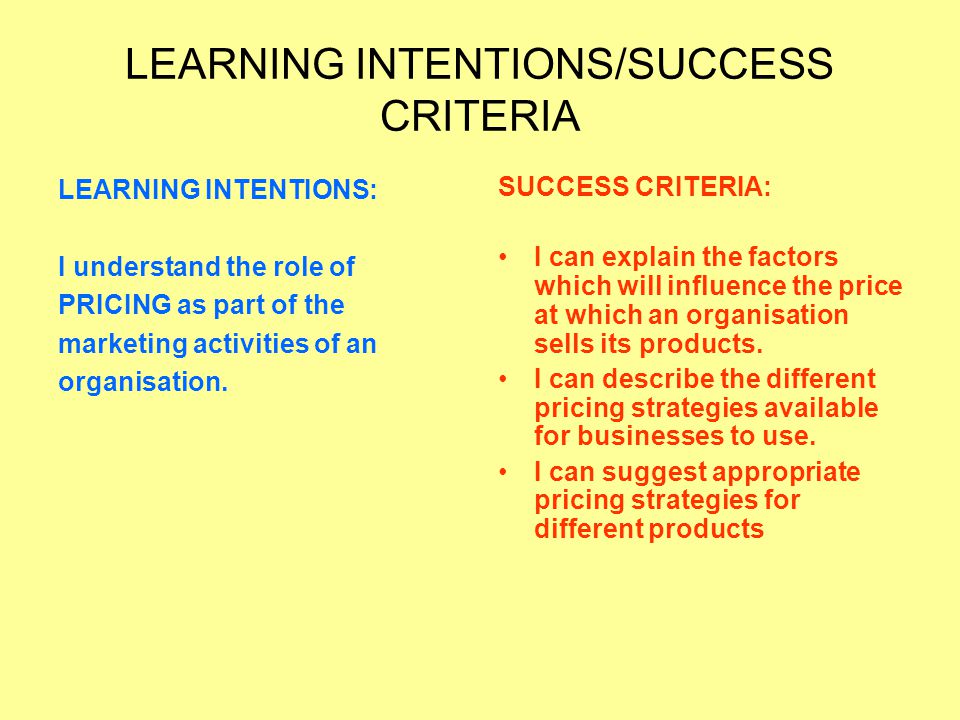 LEARNING INTENTIONS/SUCCESS CRITERIA LEARNING INTENTIONS: I understand the role of PRICING as part of the marketing activities of an organisation.