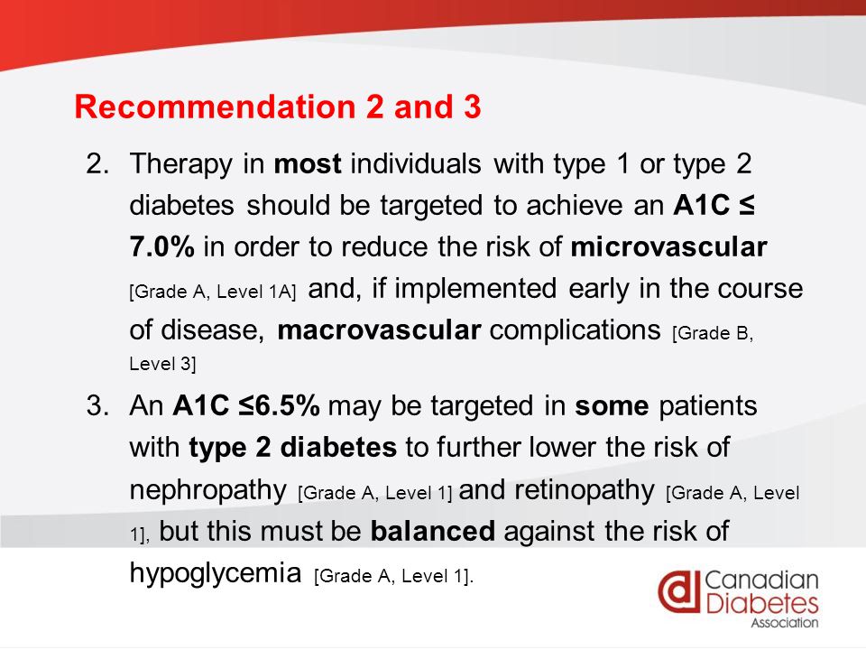 guidelines.diabetes.ca | BANTING ( ) | diabetes.ca Copyright © 2013 Canadian Diabetes Association Recommendation 2 and 3 2.Therapy in most individuals with type 1 or type 2 diabetes should be targeted to achieve an A1C ≤ 7.0% in order to reduce the risk of microvascular [Grade A, Level 1A] and, if implemented early in the course of disease, macrovascular complications [Grade B, Level 3] 3.An A1C ≤6.5% may be targeted in some patients with type 2 diabetes to further lower the risk of nephropathy [Grade A, Level 1] and retinopathy [Grade A, Level 1], but this must be balanced against the risk of hypoglycemia [Grade A, Level 1].