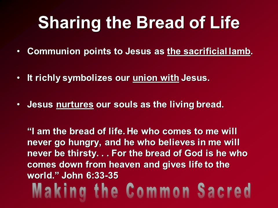 Sharing the Bread of Life Communion points to Jesus as the sacrificial lamb.Communion points to Jesus as the sacrificial lamb.