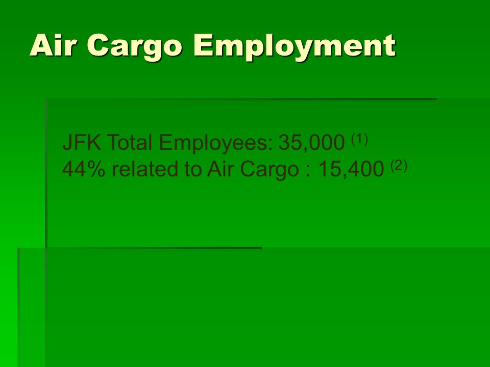 Air Cargo Employment JFK Total Employees: 35,000 (1) 44% related to Air Cargo : 15,400 (2)