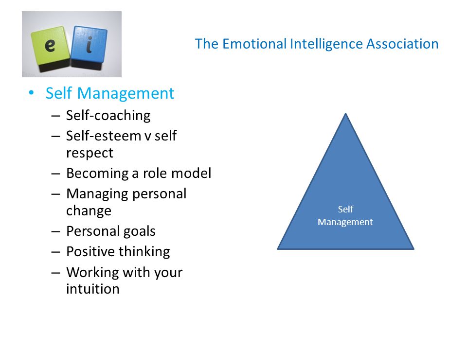 The Emotional Intelligence Association Self Management – Self-coaching – Self-esteem v self respect – Becoming a role model – Managing personal change – Personal goals – Positive thinking – Working with your intuition Self Management