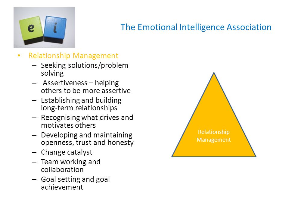 The Emotional Intelligence Association Relationship Management – Seeking solutions/problem solving – Assertiveness – helping others to be more assertive – Establishing and building long-term relationships – Recognising what drives and motivates others – Developing and maintaining openness, trust and honesty – Change catalyst – Team working and collaboration – Goal setting and goal achievement Relationship Management