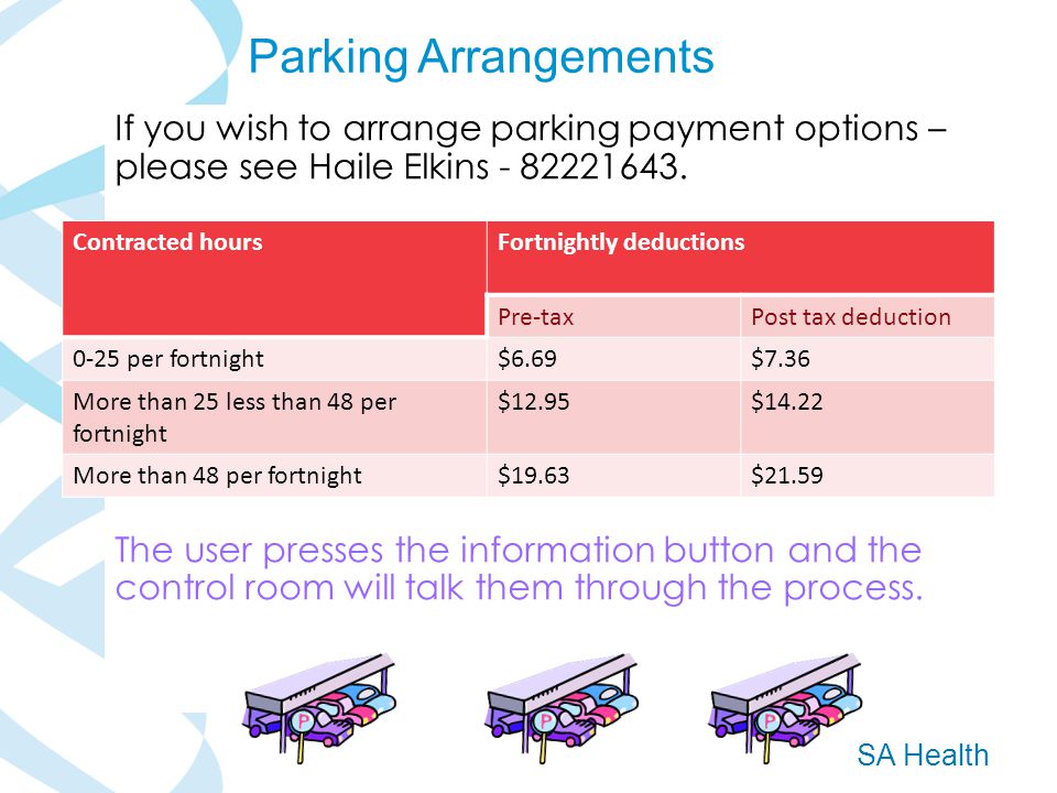 SA Health If you wish to arrange parking payment options – please see Haile Elkins