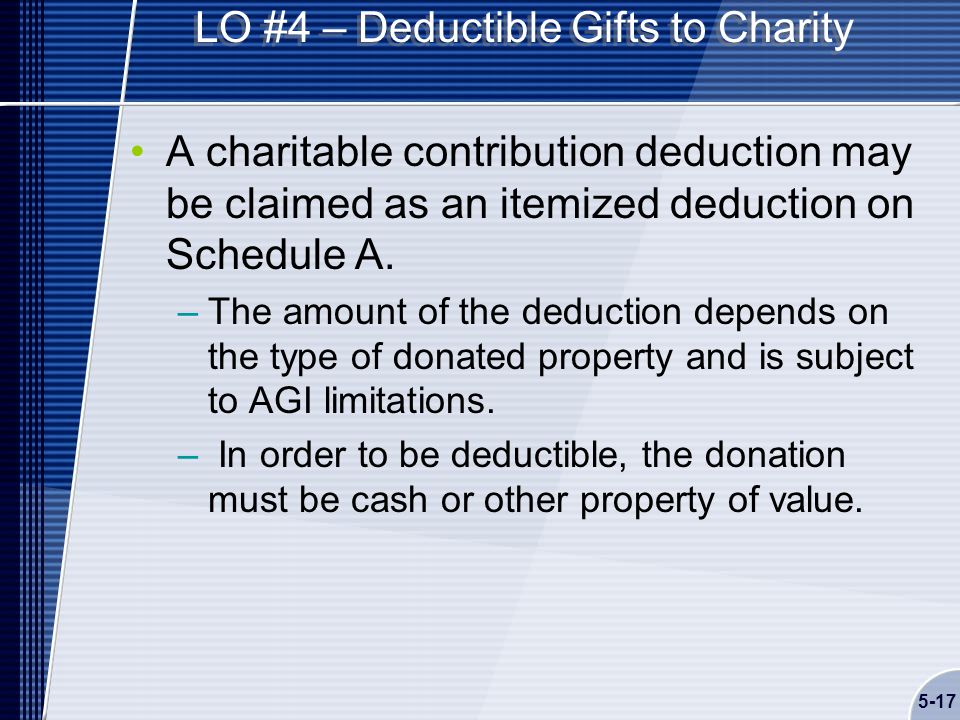 5-17 LO #4 – Deductible Gifts to Charity A charitable contribution deduction may be claimed as an itemized deduction on Schedule A.