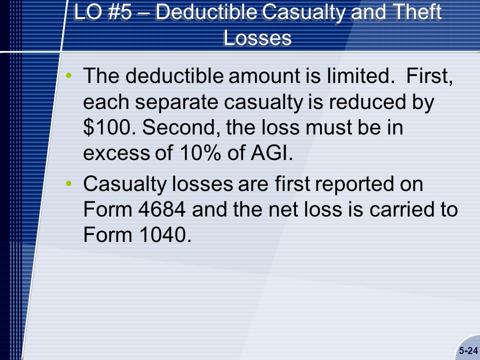 5-24 LO #5 – Deductible Casualty and Theft Losses The deductible amount is limited.