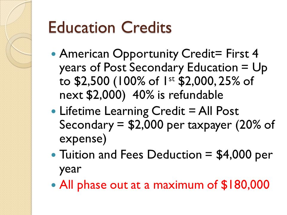 Education Credits American Opportunity Credit= First 4 years of Post Secondary Education = Up to $2,500 (100% of 1 st $2,000, 25% of next $2,000) 40% is refundable Lifetime Learning Credit = All Post Secondary = $2,000 per taxpayer (20% of expense) Tuition and Fees Deduction = $4,000 per year All phase out at a maximum of $180,000