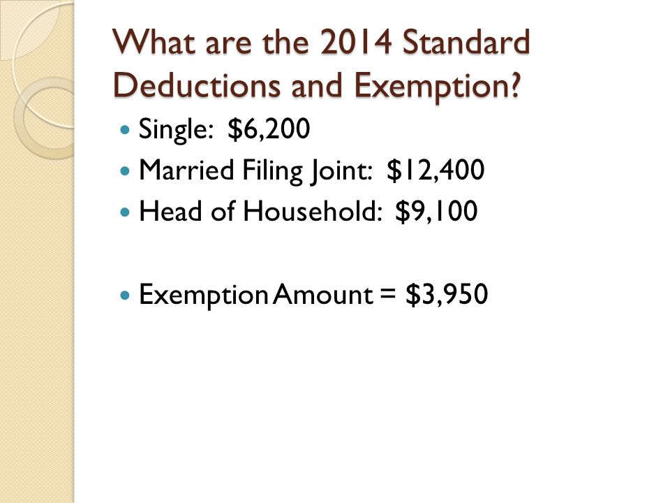 What are the 2014 Standard Deductions and Exemption.