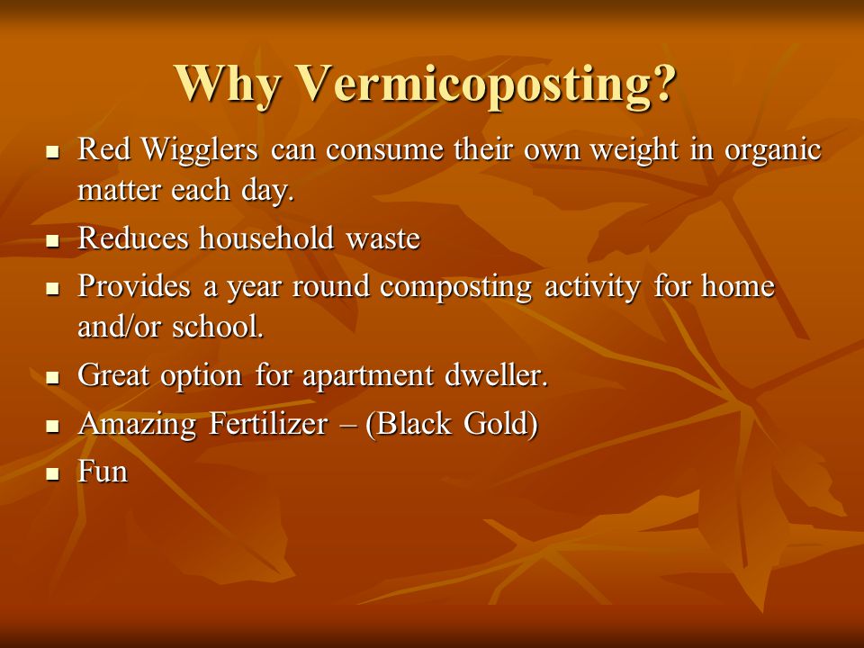 Why Vermicoposting. Red Wigglers can consume their own weight in organic matter each day.