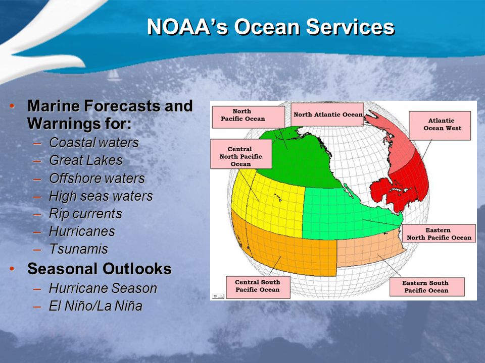 NOAA’s Ocean Services Marine Forecasts and Warnings for:Marine Forecasts and Warnings for: –Coastal waters –Great Lakes –Offshore waters –High seas waters –Rip currents –Hurricanes –Tsunamis Seasonal OutlooksSeasonal Outlooks –Hurricane Season –El Niño/La Niña