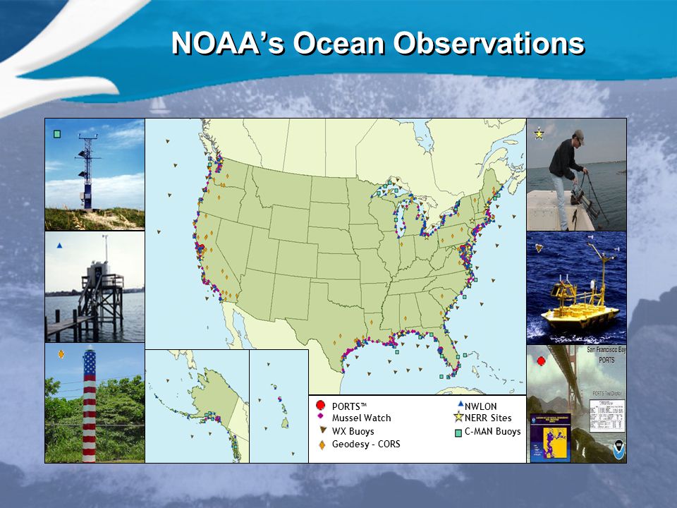 NOAA’s Ocean Observations PORTS™ NWLON Mussel Watch NERR Sites WX Buoys C-MAN Buoys Geodesy – CORS
