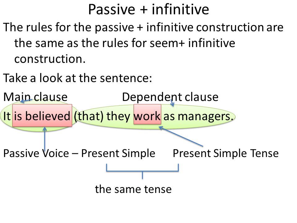 Passive + infinitive The rules for the passive + infinitive construction are the same as the rules for seem+ infinitive construction.