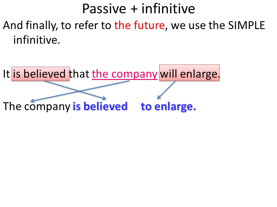 Passive + infinitive And finally, to refer to the future, we use the SIMPLE infinitive.