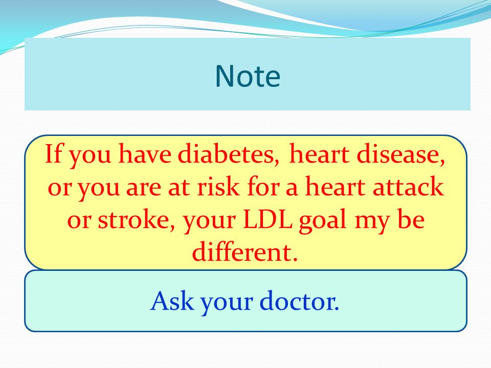 Note If you have diabetes, heart disease, or you are at risk for a heart attack or stroke, your LDL goal my be different.