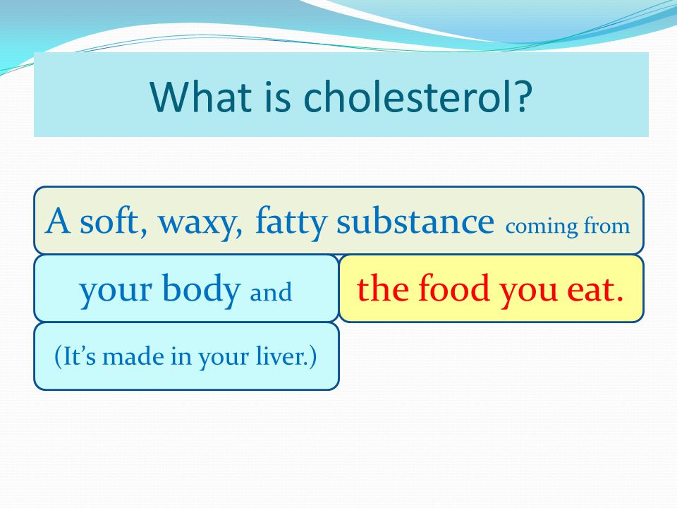 What is cholesterol. A soft, waxy, fatty substance coming from your body and the food you eat.