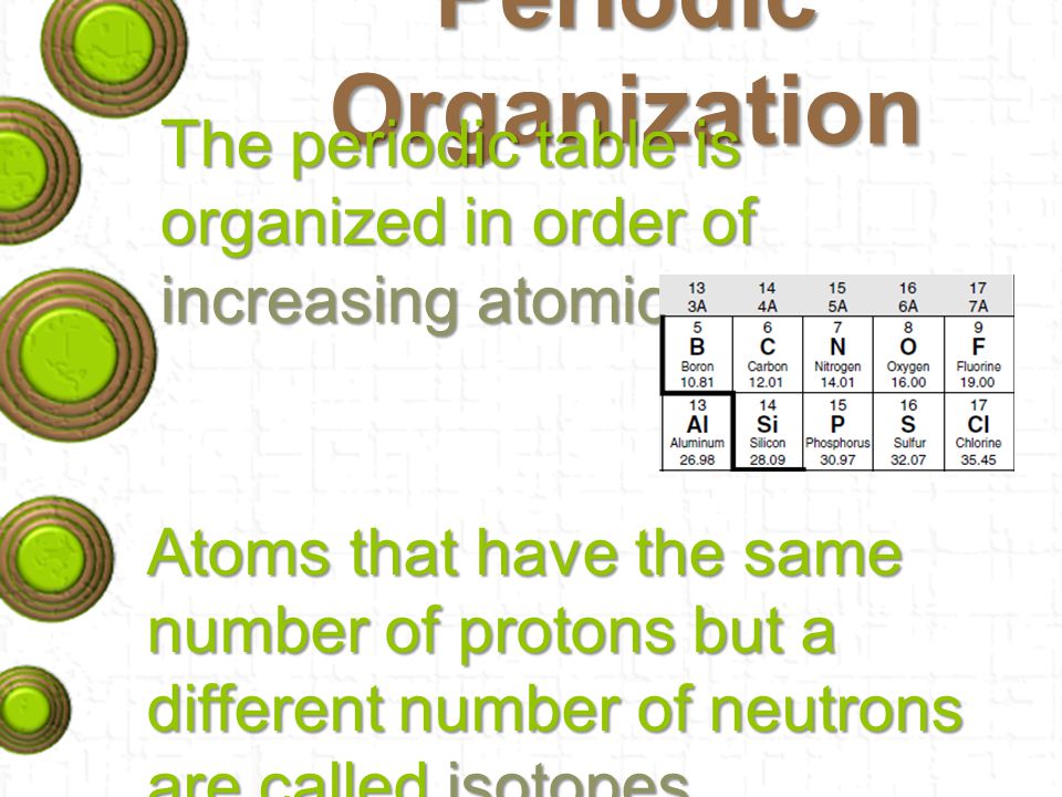 Periodic Organization The periodic table is organized in order of increasing atomic number.