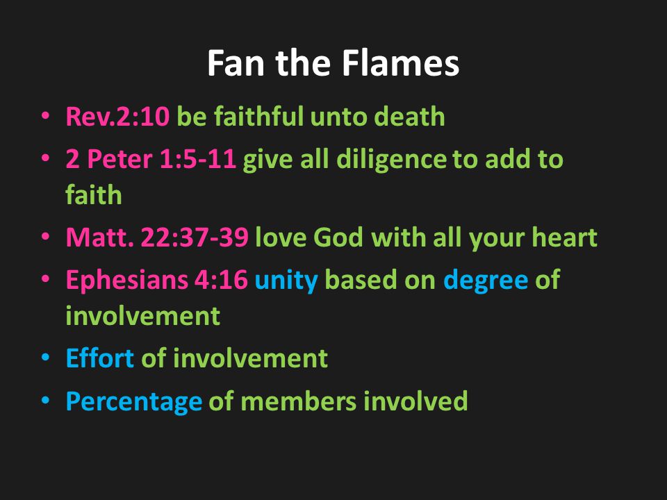 Fan the Flames Rev.2:10 be faithful unto death 2 Peter 1:5-11 give all diligence to add to faith Matt.