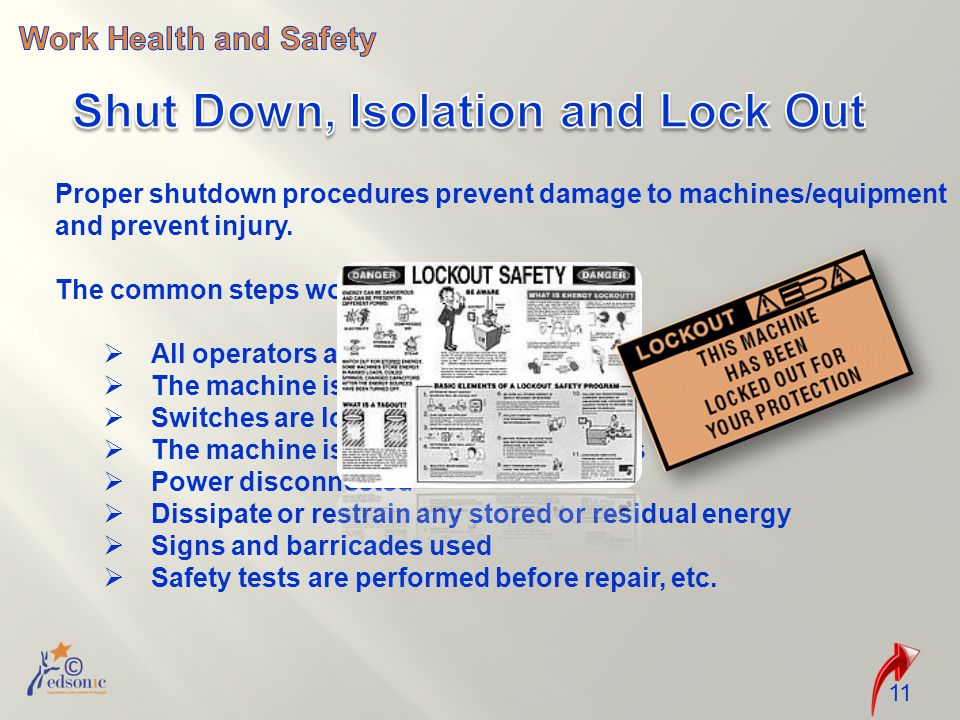 11 Proper shutdown procedures prevent damage to machines/equipment and prevent injury.