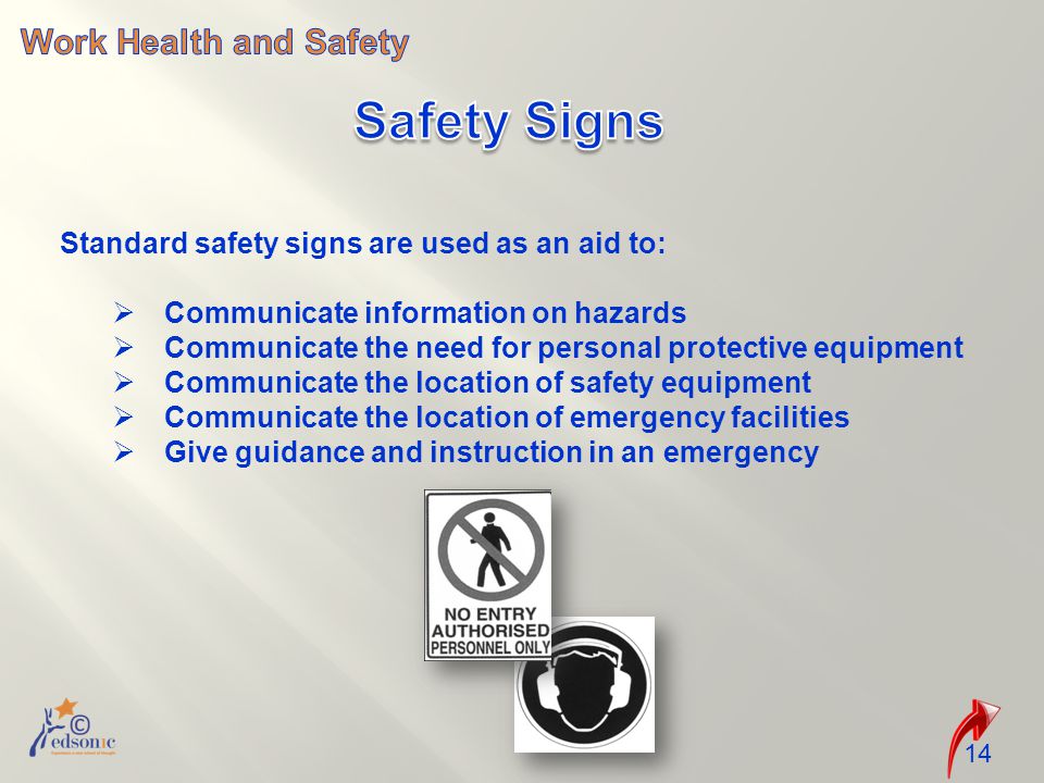 14 Standard safety signs are used as an aid to:  Communicate information on hazards  Communicate the need for personal protective equipment  Communicate the location of safety equipment  Communicate the location of emergency facilities  Give guidance and instruction in an emergency