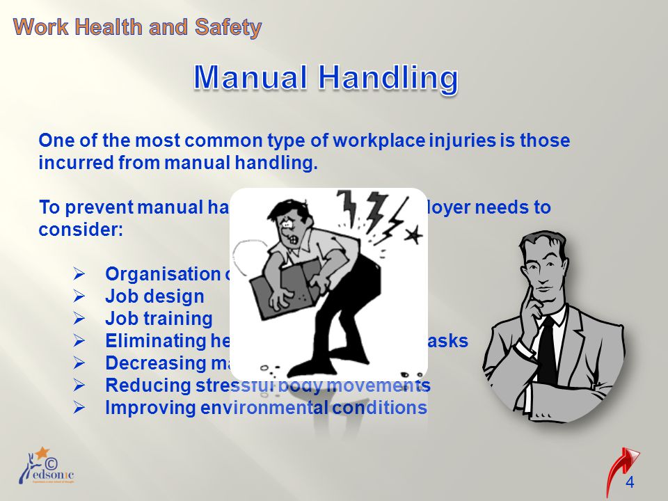 4 One of the most common type of workplace injuries is those incurred from manual handling.