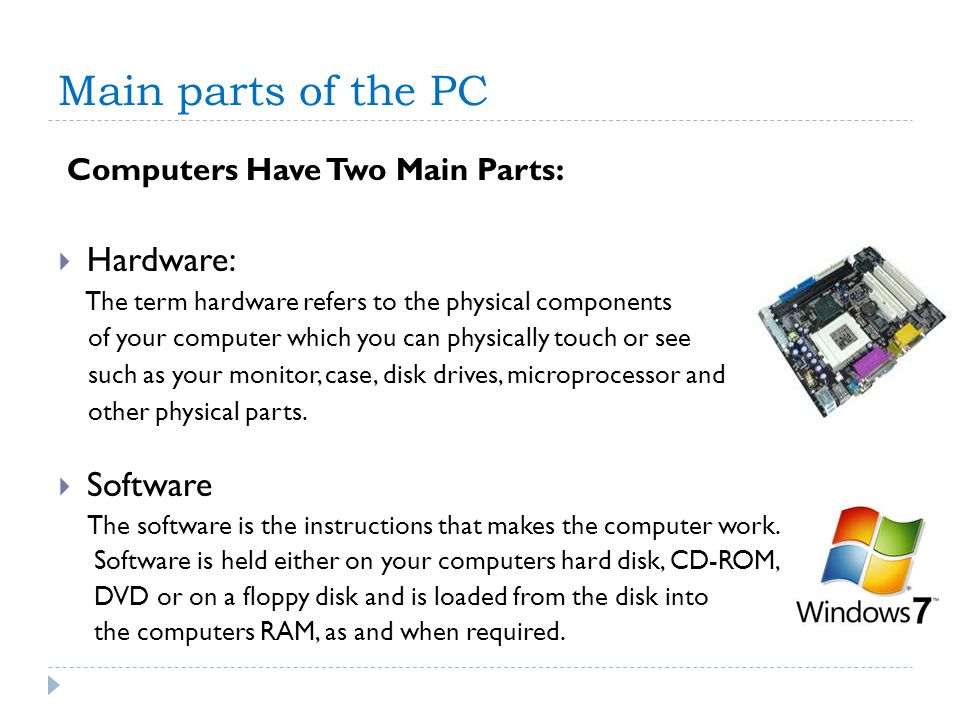 Main parts of the PC Computers Have Two Main Parts:  Hardware: The term hardware refers to the physical components of your computer which you can physically touch or see such as your monitor, case, disk drives, microprocessor and other physical parts.