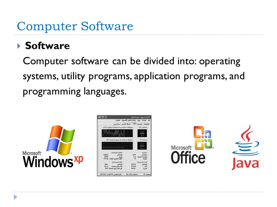 Computer Software  Software Computer software can be divided into: operating systems, utility programs, application programs, and programming languages.