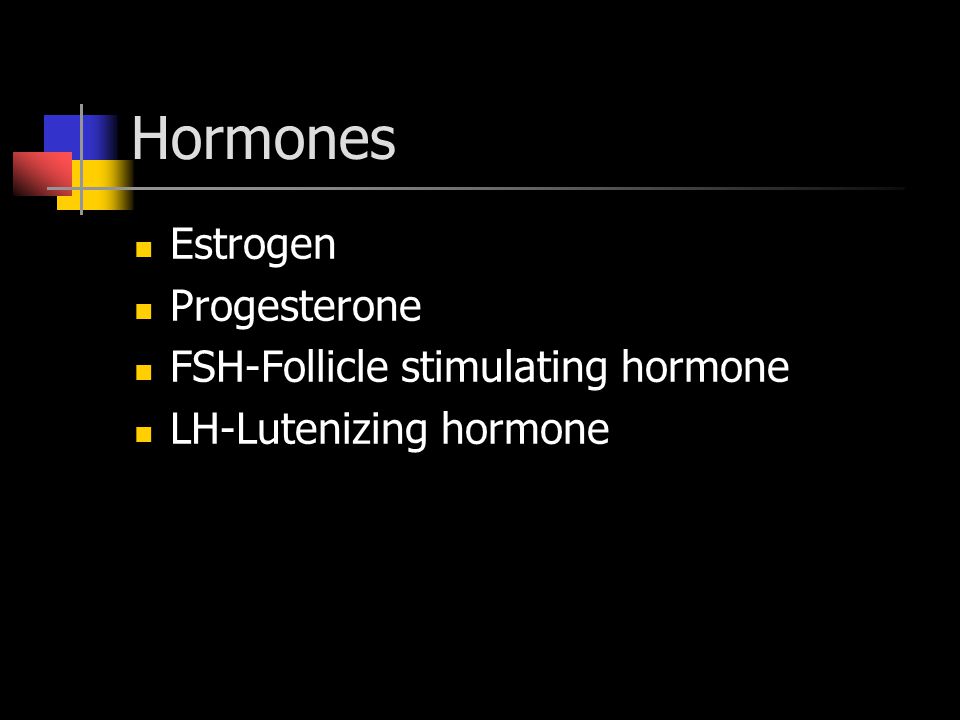 Hormones Estrogen Progesterone FSH-Follicle stimulating hormone LH-Lutenizing hormone