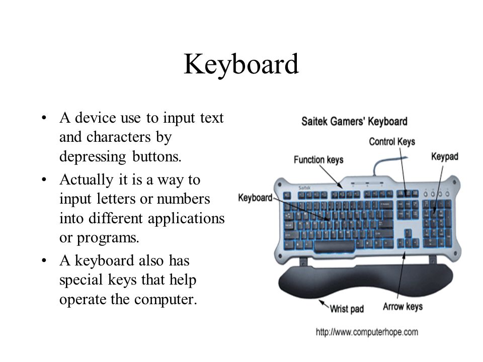 Keyboard A device use to input text and characters by depressing buttons.