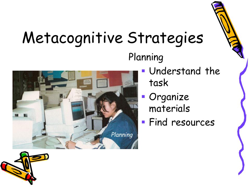 Metacognitive Strategies Planning  Understand the task  Organize materials  Find resources