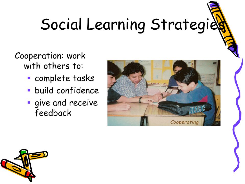 Social Learning Strategies Cooperation: work with others to:  complete tasks  build confidence  give and receive feedback