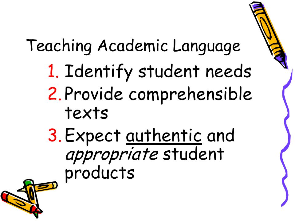 Teaching Academic Language 1.Identify student needs 2.Provide comprehensible texts 3.Expect authentic and appropriate student products