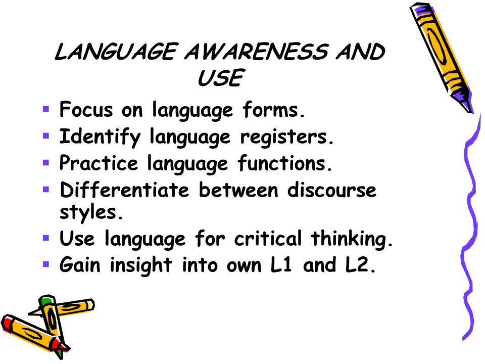 LANGUAGE AWARENESS AND USE  Focus on language forms.