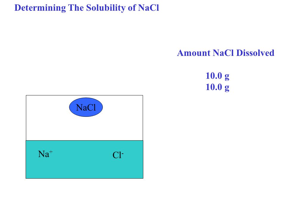 Na + Cl - Amount NaCl Dissolved 10.0 g NaCl Determining The Solubility of NaCl