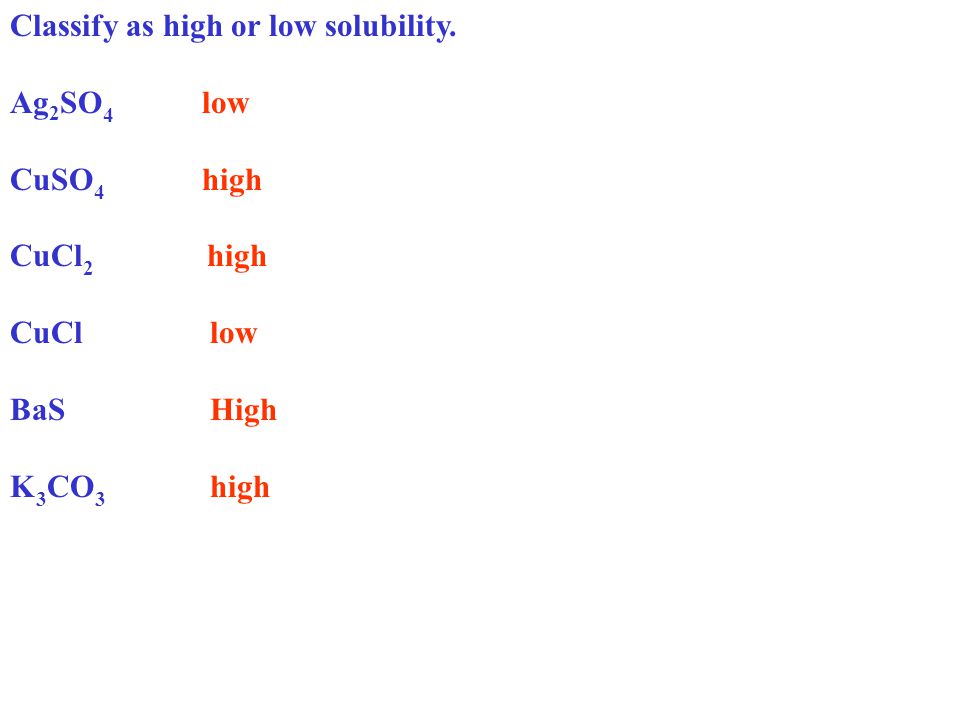 Classify as high or low solubility.