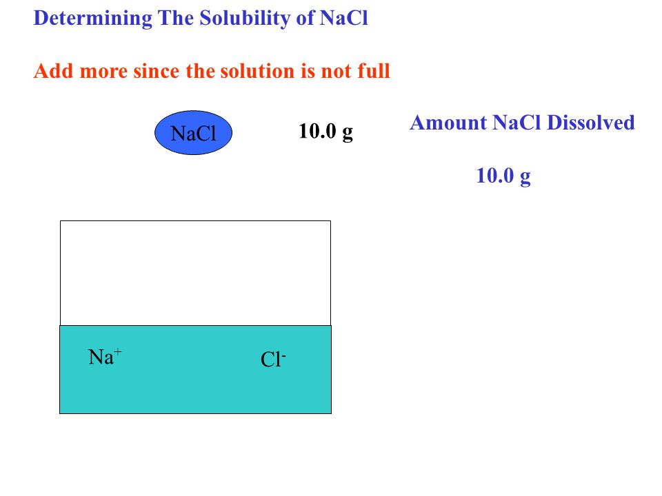 Na + Cl - NaCl 10.0 g Amount NaCl Dissolved 10.0 g Determining The Solubility of NaCl Add more since the solution is not full