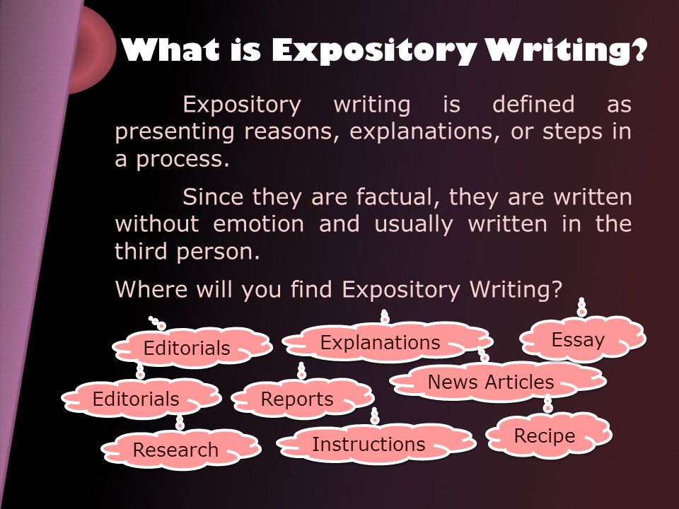 Expository writing is defined as presenting reasons, explanations, or steps in a process.