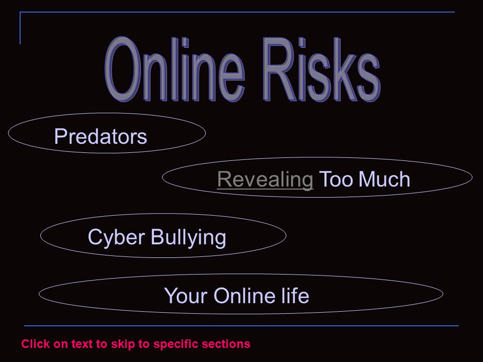 Predators Your Online life Cyber Bullying RevealingRevealing Too Much Click on text to skip to specific sections