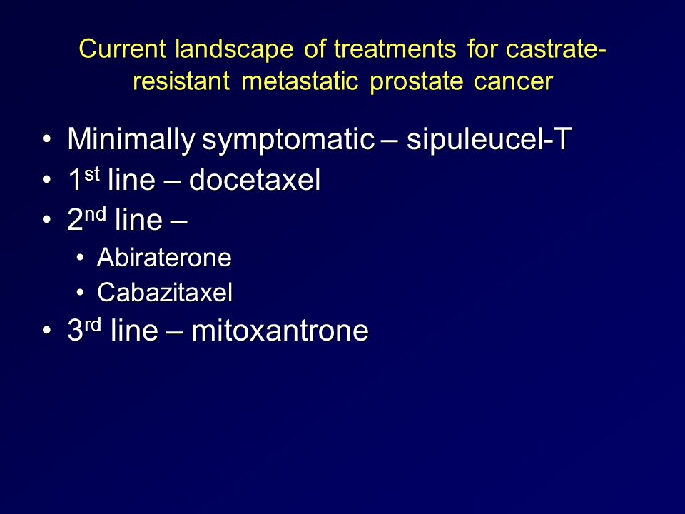 Current landscape of treatments for castrate- resistant metastatic prostate cancer Minimally symptomatic – sipuleucel-TMinimally symptomatic – sipuleucel-T 1 st line – docetaxel1 st line – docetaxel 2 nd line –2 nd line – AbirateroneAbiraterone CabazitaxelCabazitaxel 3 rd line – mitoxantrone3 rd line – mitoxantrone