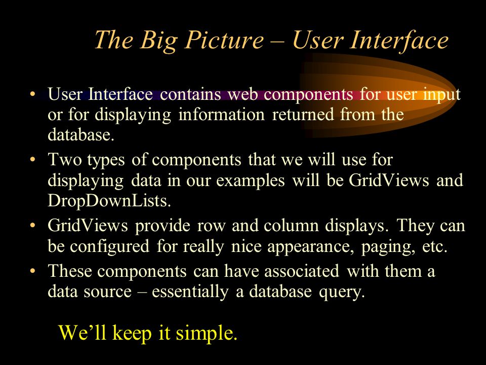 The Big Picture – User Interface User Interface contains web components for user input or for displaying information returned from the database.