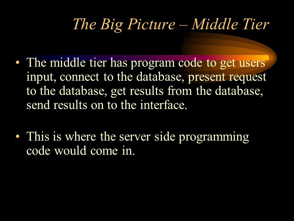 The Big Picture – Middle Tier The middle tier has program code to get users input, connect to the database, present request to the database, get results from the database, send results on to the interface.
